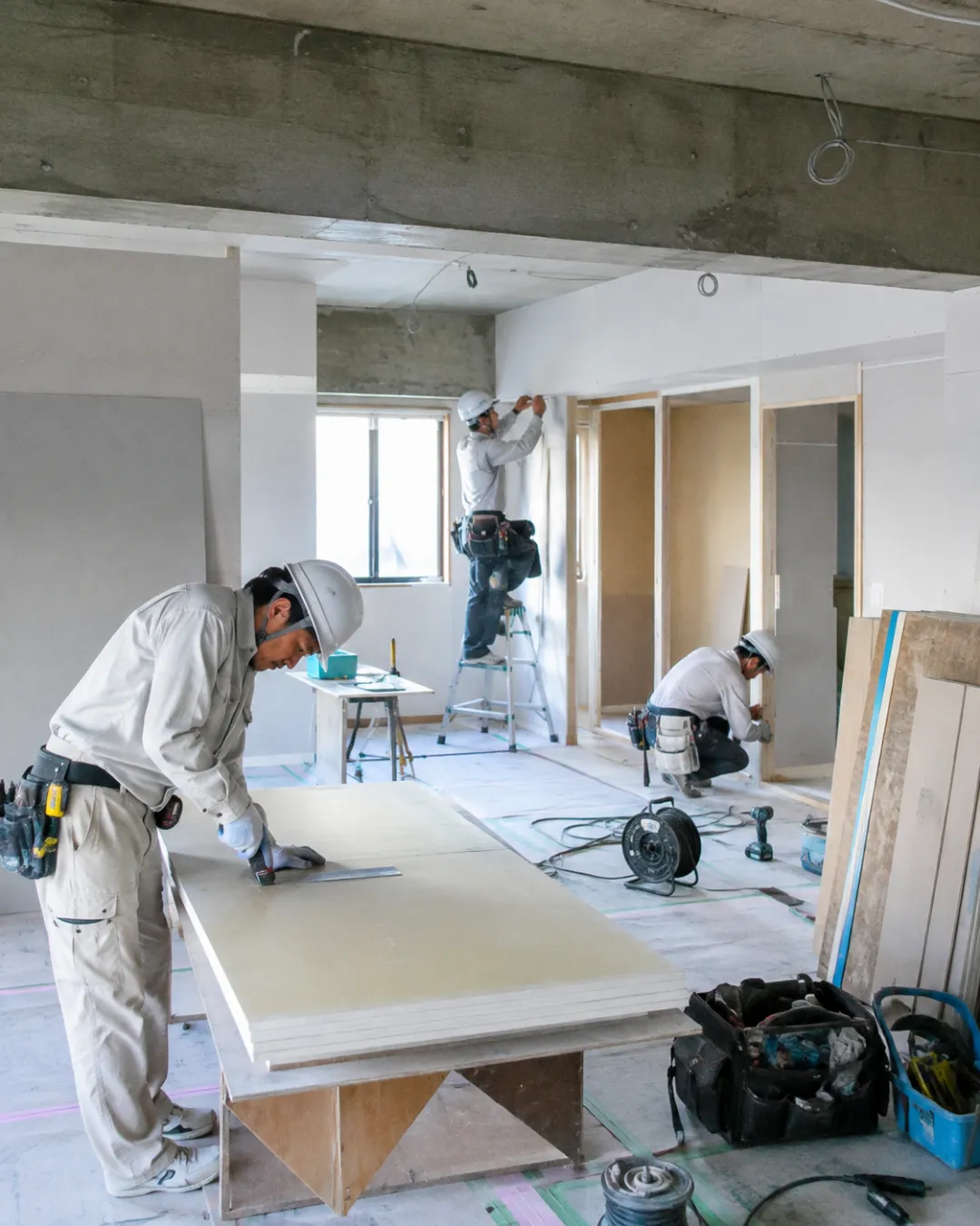 複数の職人が作業する内装工事現場