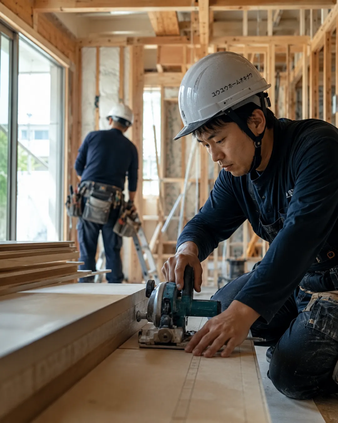 大工が木材を加工している施工現場
